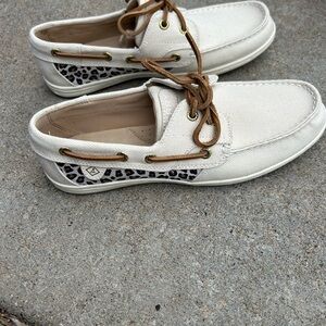 Cream Boat Shoes with Leopard Print Accent